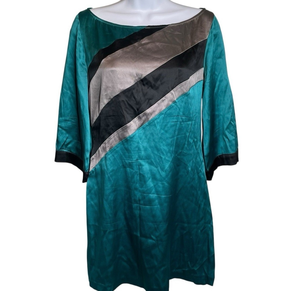 ARDEN B Womens Teal Silk Colorblock Shift Mini Dress XS Y2K Retro Cocktail Luxe